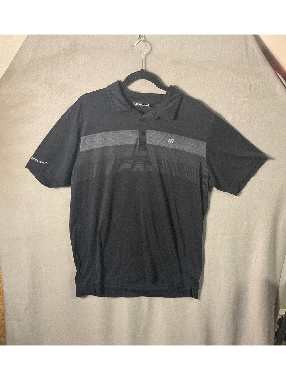 TravisMathew Men's Black and Gray Striped Golf Polo Shirt Size XL